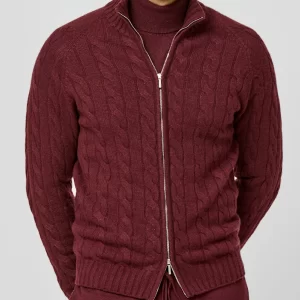 ks10200 wine red cashmere zip front cable