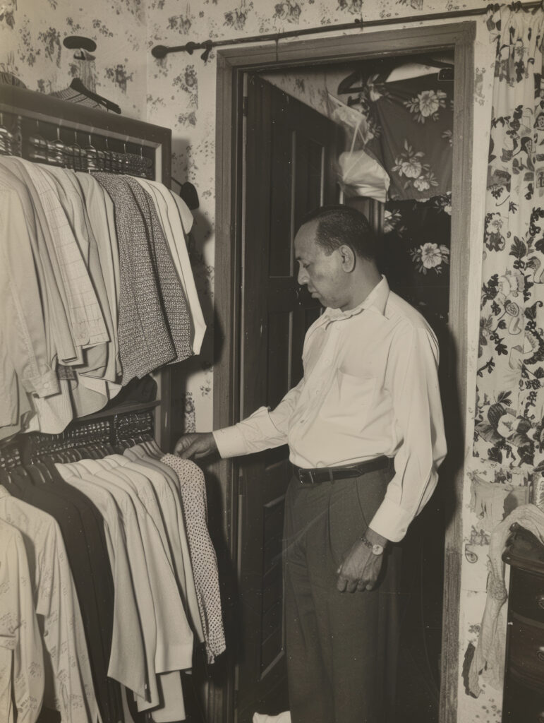 monochrome portrait retro man doing housework household chores
